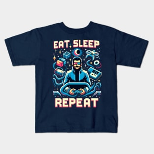 EAT SLEEP GAME REPEAT in futurustic style Kids T-Shirt